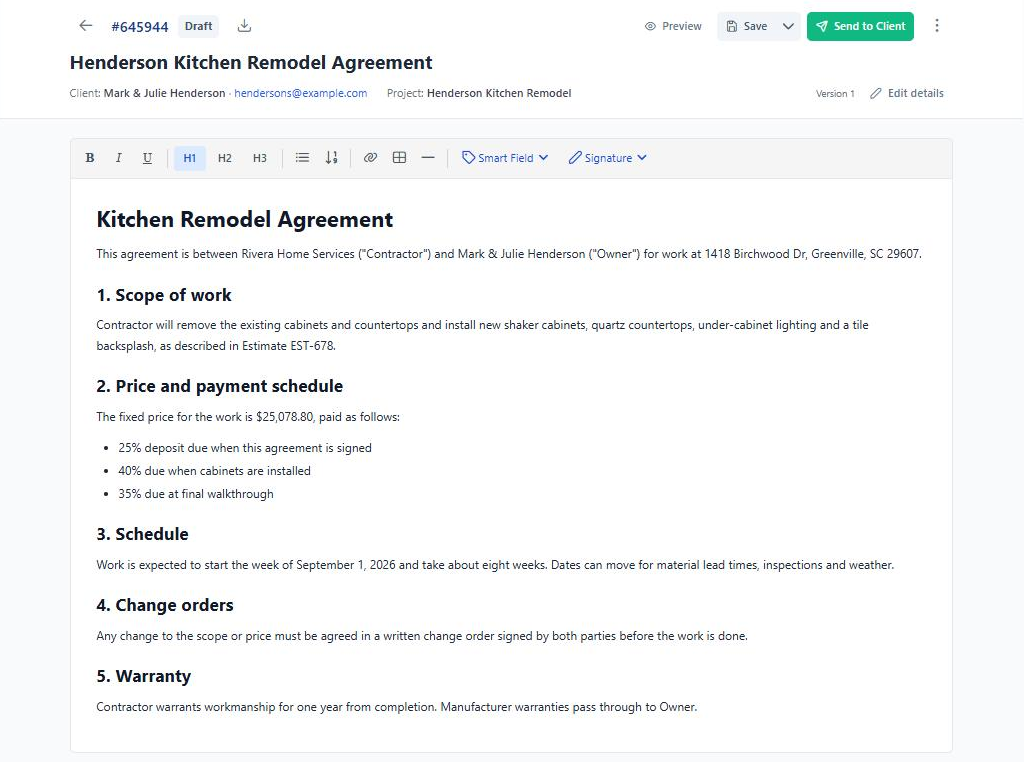 The BuilderBase contract editor with a drafted kitchen remodel agreement