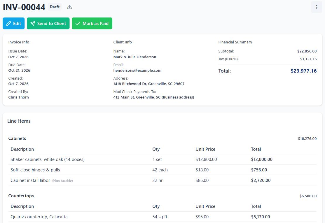 A BuilderBase invoice split into Cabinets and Countertops sections with a non-taxable labor line